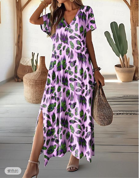 Product Image for WOLFF | Digitaler Druck V-Ausschnitt Kurzarm Freizeitkleid, Lila / M