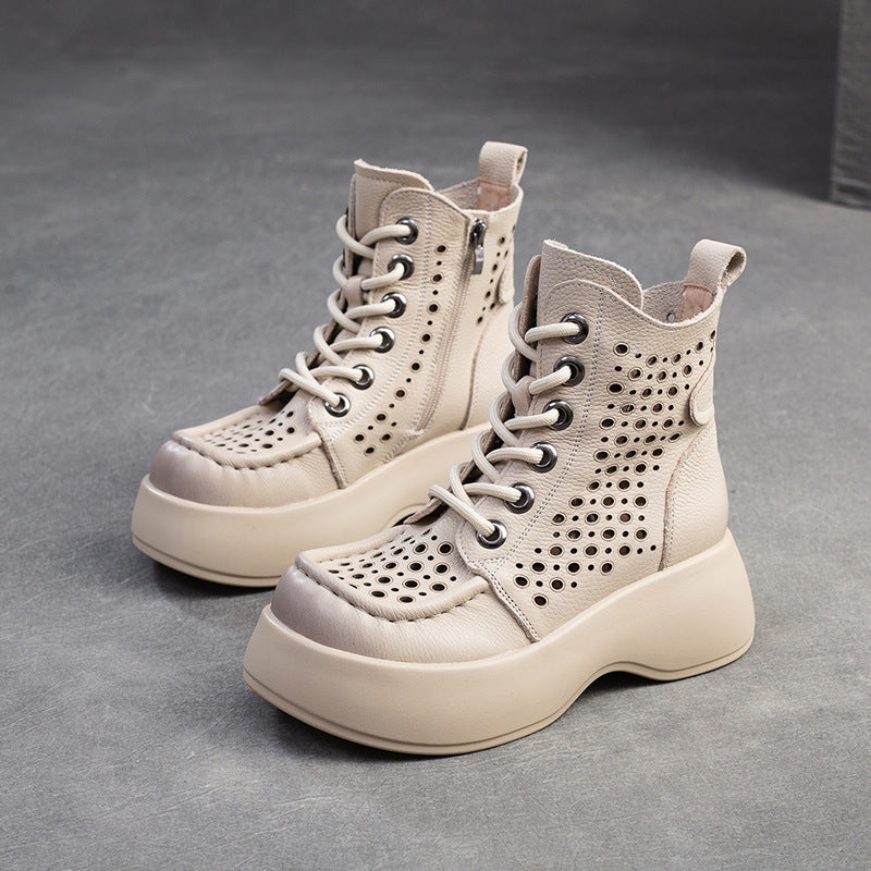 Product Image for Damen Leder-Stiefeletten mit durchlöchertem Design und hoher Sohle WW, Beige / 40