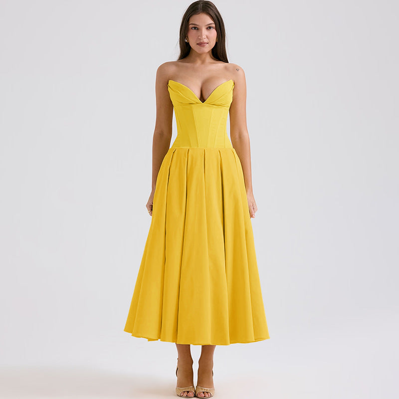 Product Image for Damen Strapless A-Linien Midi Kleid mit plissiertem Rock WW, Gelb / S