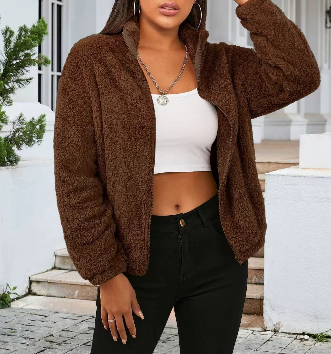Product Image for Damen Teddyjacke im lässigen Oversized-Stil mit hohem Kragen und Reißverschluss WW, Dunkelbraun / S