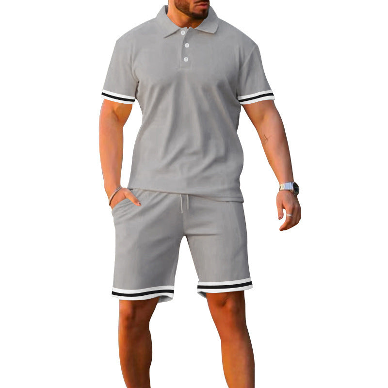 Product Image for Herren sportliches Poloshirt und Freizeit-Shorts Set mit elastischem Bund und Kontraststreifen WW, Hellgrau / XXL