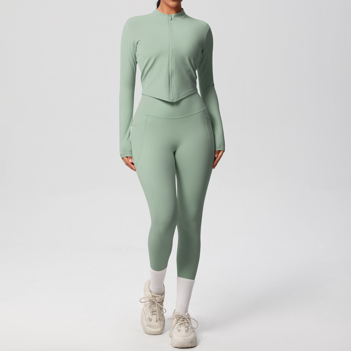 Product Image for Damen Sportliches langärmliges Crop-Top mit passender Leggings im figurbetonten Design WW, Basilikumgrün / S