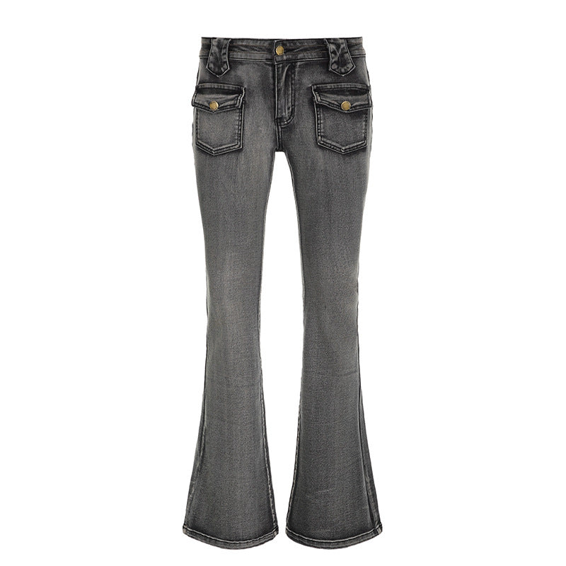 Product Image for WW | Frauen Streetwear Slim Washed Tasche Näh Bootcut Hosen Vintage Rauch Grau Jeans