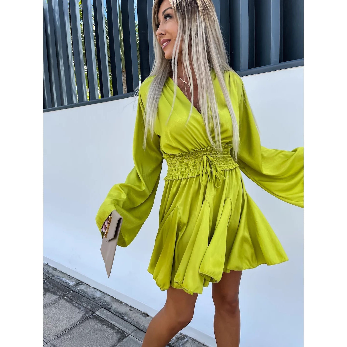 Product Image for WW | Frühling Sommer Plissiertes Kleid Freizeit Lockere Urlaub Frauen Kleidung Kleid, M / Gelb