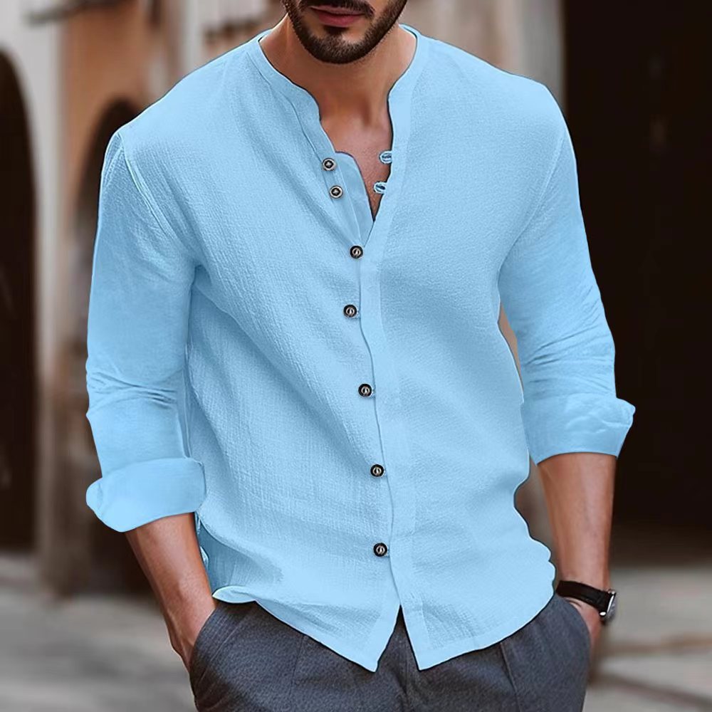 Product Image for Herren luftiges Leinenhemd mit halben Ärmeln und modischem Stehkragen WW, Blau / XXXL