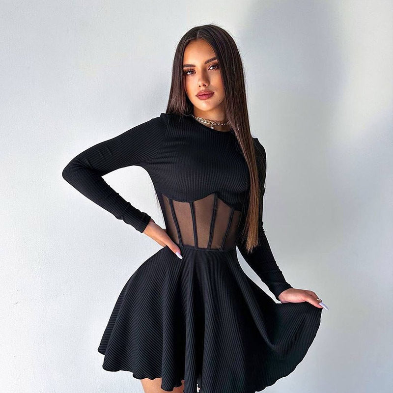 Product Image for WW | Herbst Damen Kleidung Halber Hoher Kragen Lange Ärmel Netz Patchwork Transparent Nähten Korsett Enger Taille Kurzes Kleid, L / Schwarz