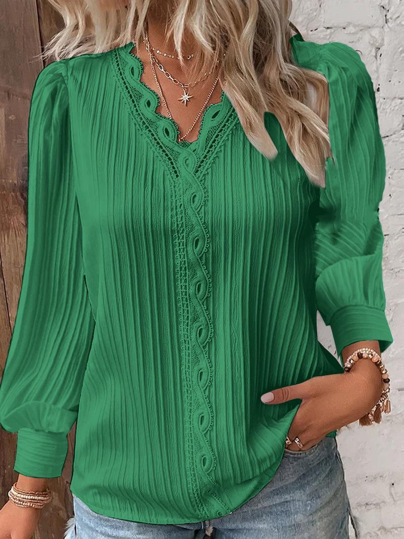 Product Image for Damen elegante Bluse mit Rüschendetails und feinen Längsstreifen WW, Grün / L