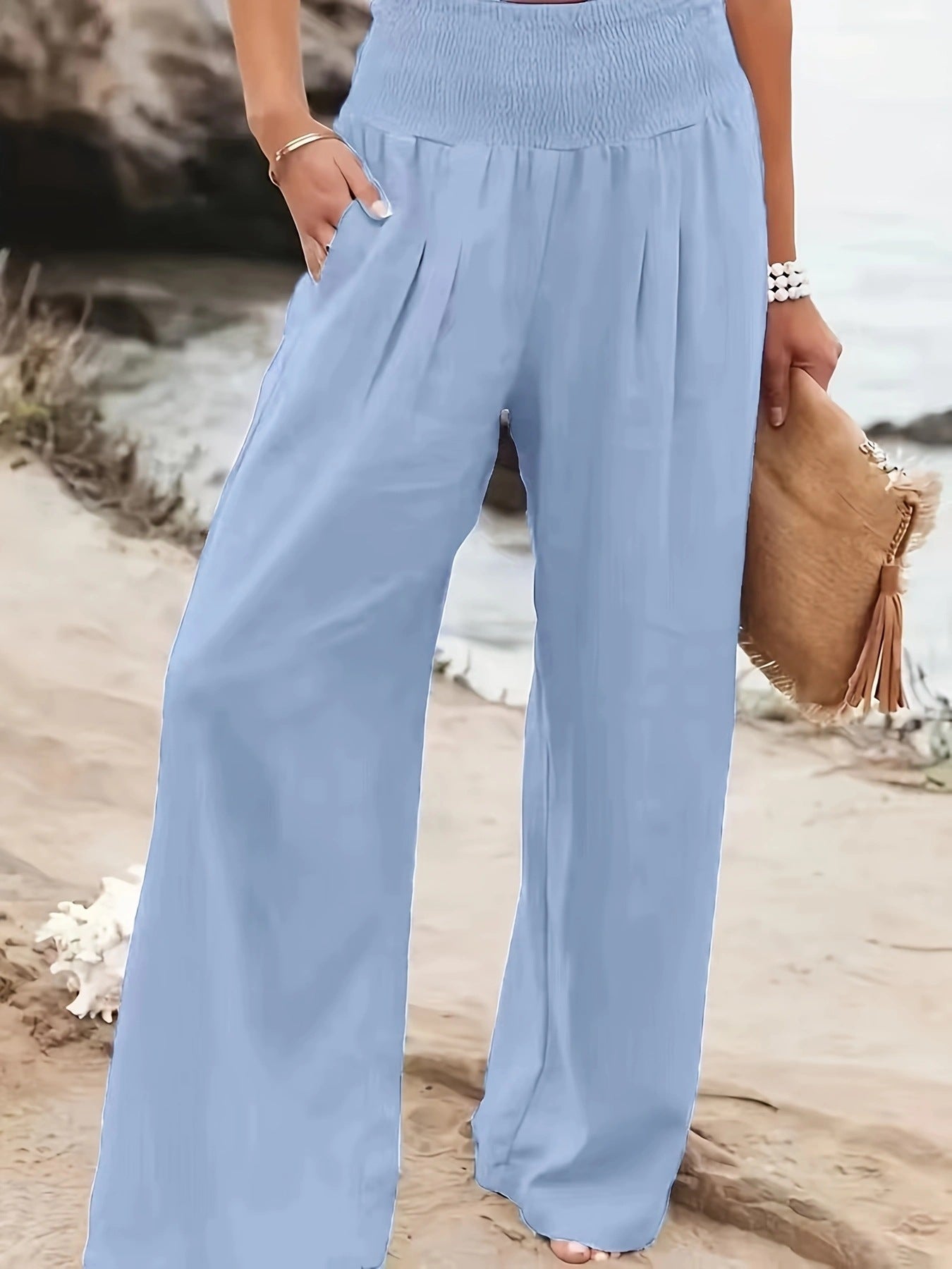 Product Image for Damen weite Leinenhose mit elastischem Bund WW, Himmelblau / XL