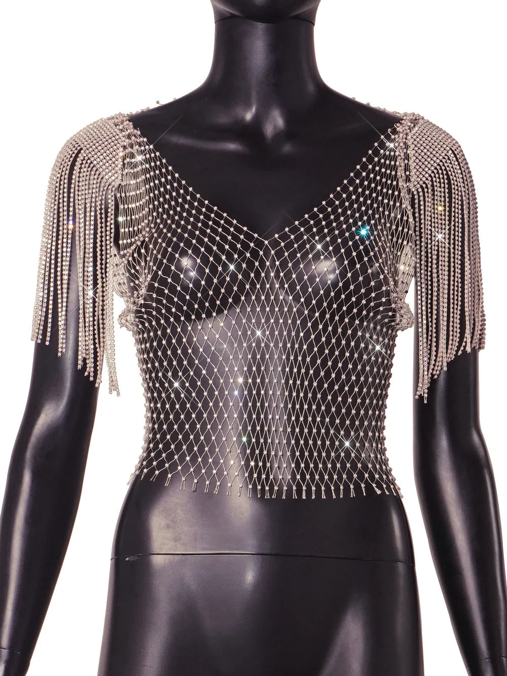 Product Image for WW | Damen Sexy V-Ausschnitt Strass Kurz Crop Top Bling Kristall Fransen Schulter Dekor Diamant Fischernetz Shirt, khaki / S