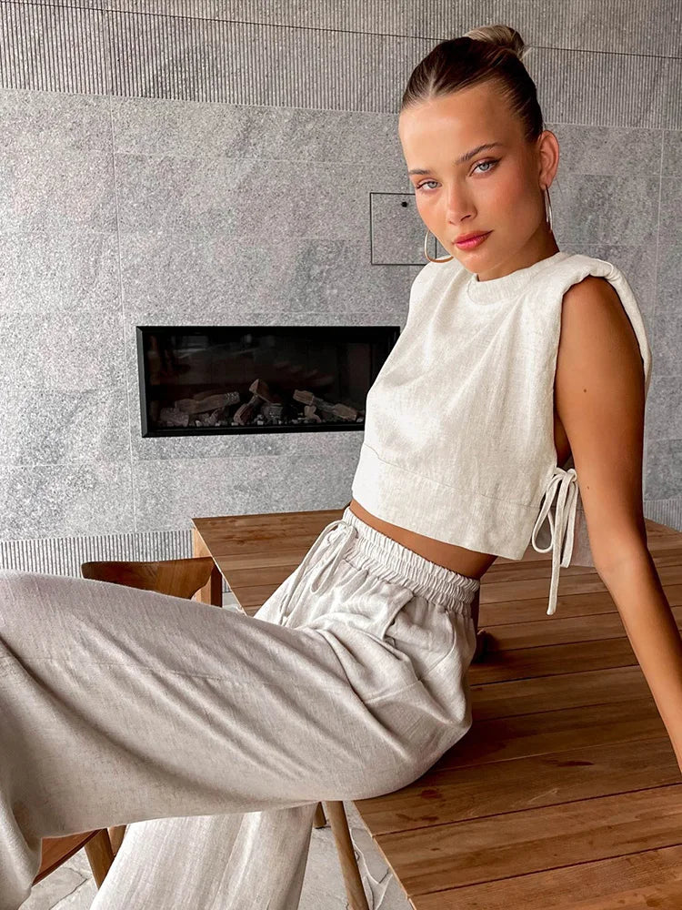 Product Image for WW | Zweiteiliges Leinen Satz Für Damen Crop Top Und Passende Hose, Beige / XS