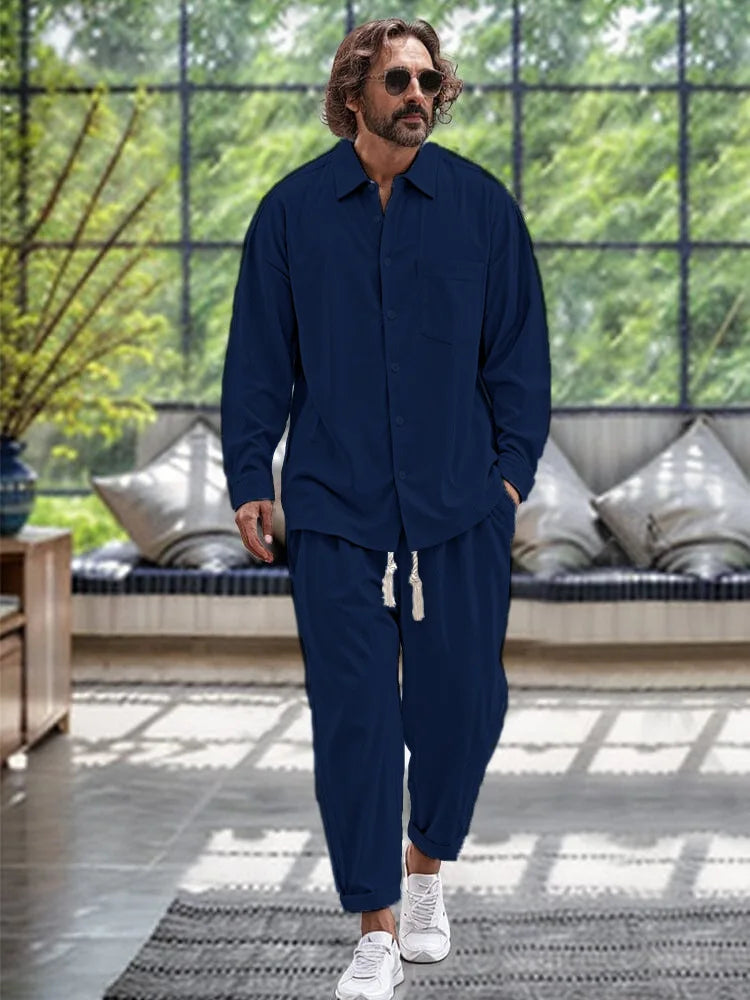 Product Image for WW | Modisches Loose Fit Frühlings Leinenhemd Und Hose Im Satz Für Herren Gerkono, Marineblau / XL