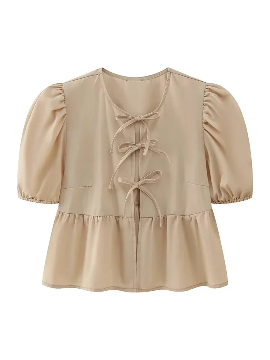 Product Image for WW | Schicke Sommer Babydoll Shirts Einfarbig/Gestreift Kurz Damen Puffärmel Rundhals Tie Up Front Peplum Blusen Top für Die Straße, J / L