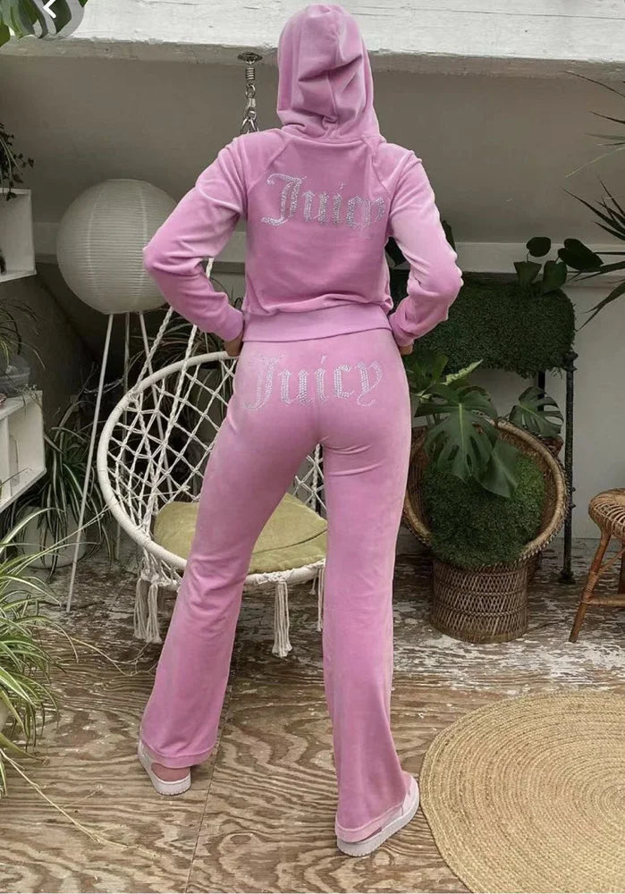 Product Image for WW | Velours Trainingsanzug Frauen Langarm Hoodie Juicy Bling Shine Tops und Hose Zweiteilig Diamant Logo Druck Lässige Workout Kleidung, Rosa / L