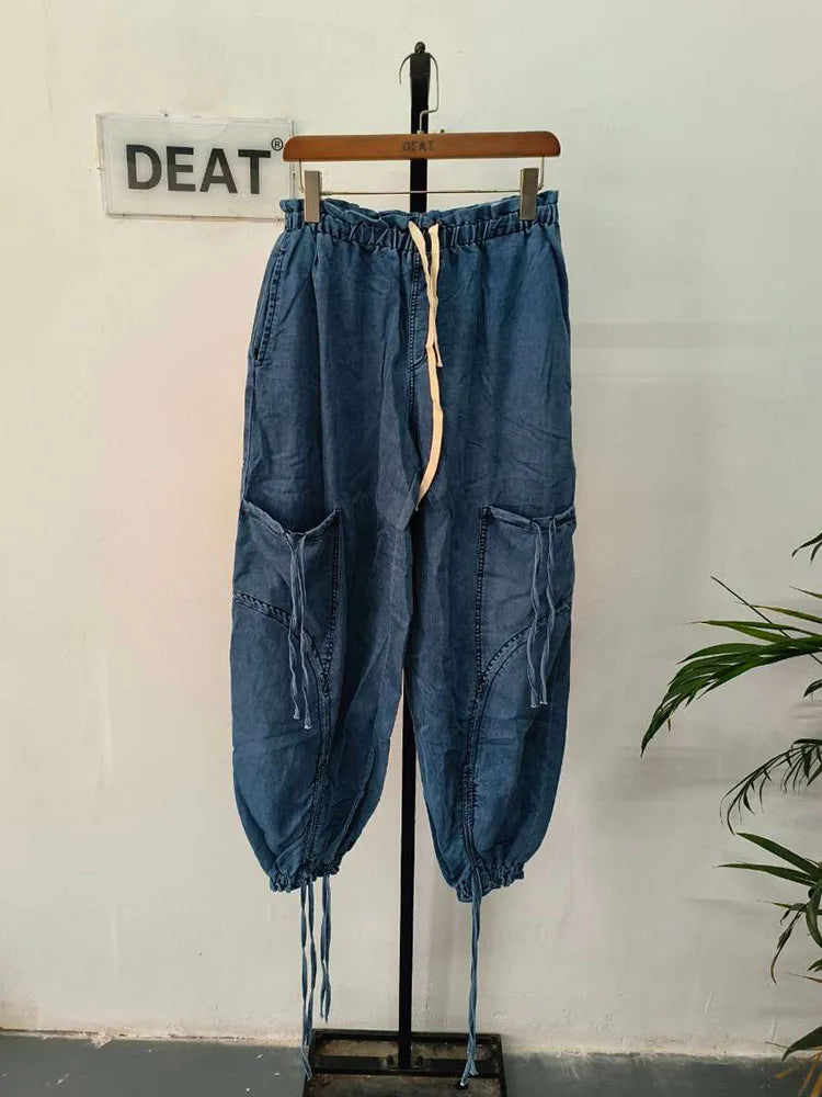 Product Image for WW | Herbstmode Frauen Hoch Elastischer Taillen Jeans Kordelzug Bandage Design Locker Gerade Breite Bein Denim Hose, Blau / S