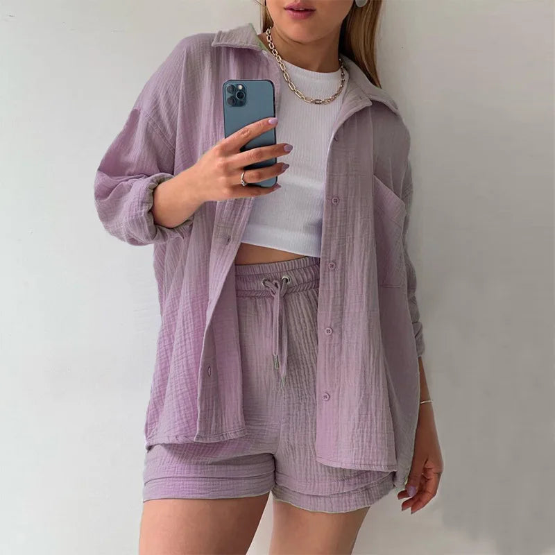 Product Image for WW | 2 Teiliges Lässiges Nachtwäsche Baumwolle Pyjama für Frauen Umgeschlagenen Kragen Schlaf T-Shirts Set mit Shorts Gas Strickjacke Zuhausekleidung 