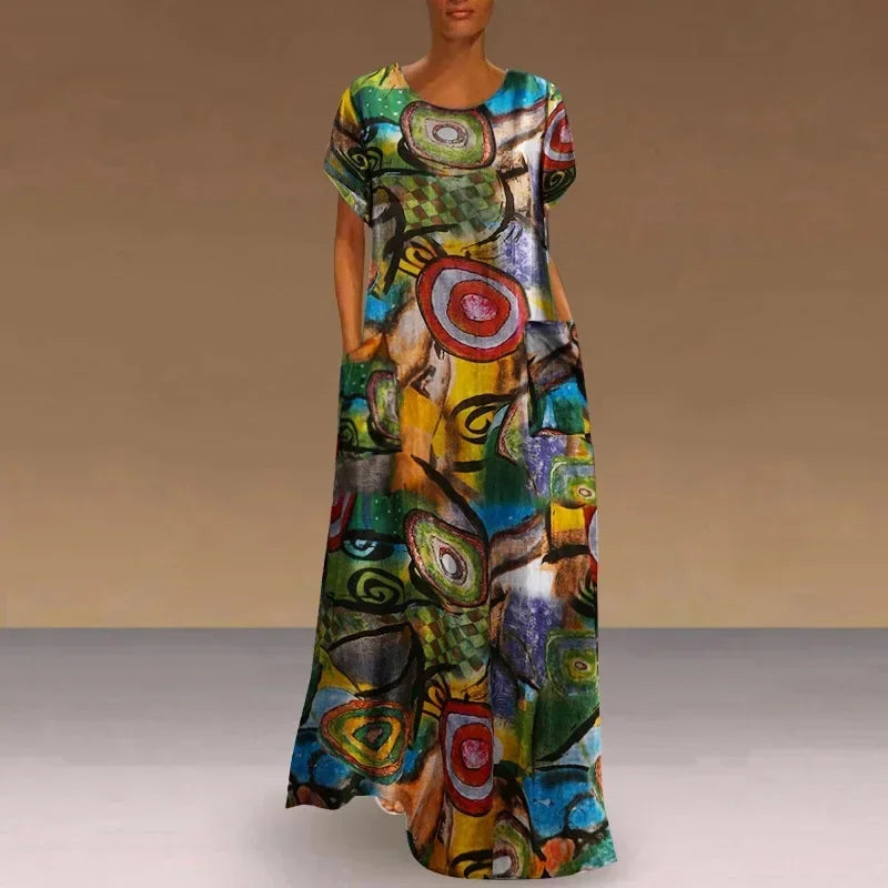 Product Image for WW | Neu Kurzarm Lang Retro Druck Kleid Tasche Groß Lässig Kleid, 2121-7 / XXXL