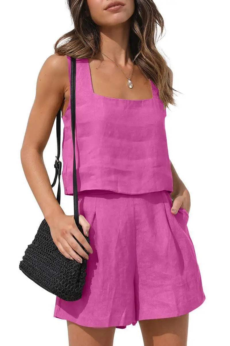 Product Image for WW | Kurze Anzug Frauen 2 Teile Set Weste Shorts Outfit Einfarbig Ohne Ärmel Frühling Sommer Taschen Lässig Alltag Leinen Damenbekleidung, Rose / S