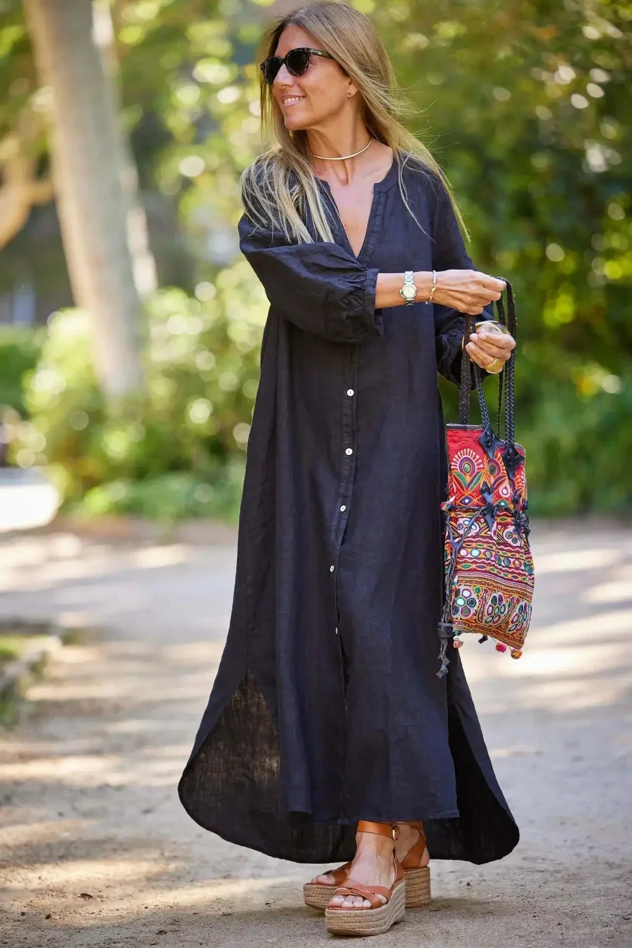 Product Image for WW | Retro Frauen Lockere Bluse Baumwolle und Leinen Kleid Sommer Weiblich Strand Sand Drei Viertel Ärmel Knopf Baggy Maxi Länge Kleider Neu, Schwarz 