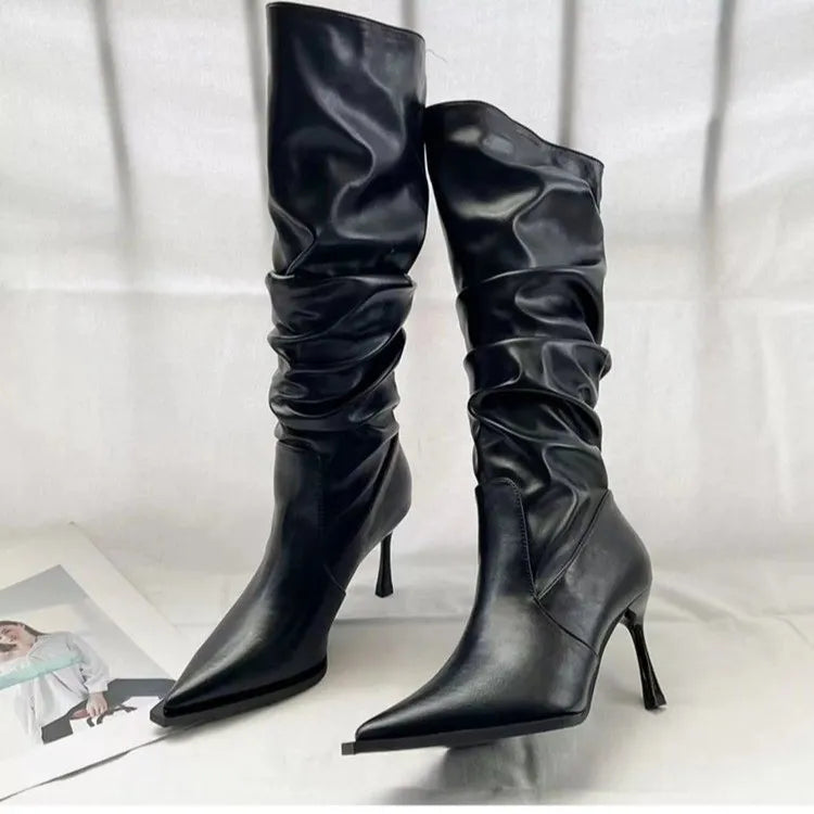 Product Image for WW | Spitz Faltbare Hohe Stiefel für Frauen Im Herbst Dünner Absatz Gestapelte Stiefel Hoher Absatz Unter Dem Knie Lange Stiefel, schwarz / 37