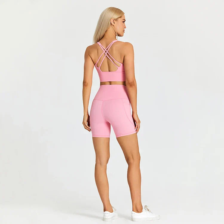 Product Image for WW | Pockets Yoga Shorts Set Frauen Fitness Anzüge 2 Teile Sport Gym Kleidung Trainingskleidung Lauf Sportbekleidung Sport Outfit, Grapefruitsalz / M
