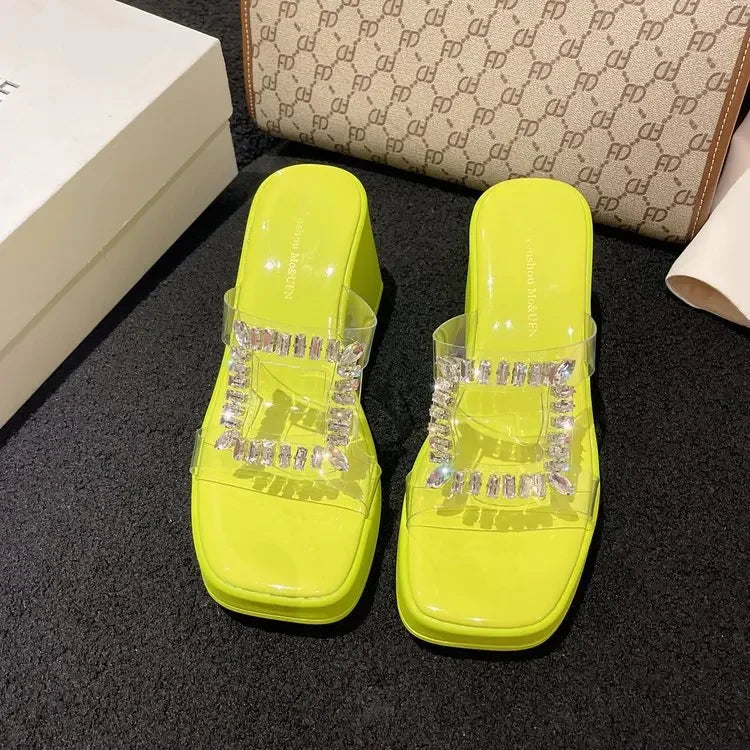 Product Image for WW | Frauen Plattform Wedges Sandalen Hohe Absätze Schuhe Sommer Flip Flops Strand Sandalen Damen Designer Neu Kleid Kristall Slides, Grün / 36