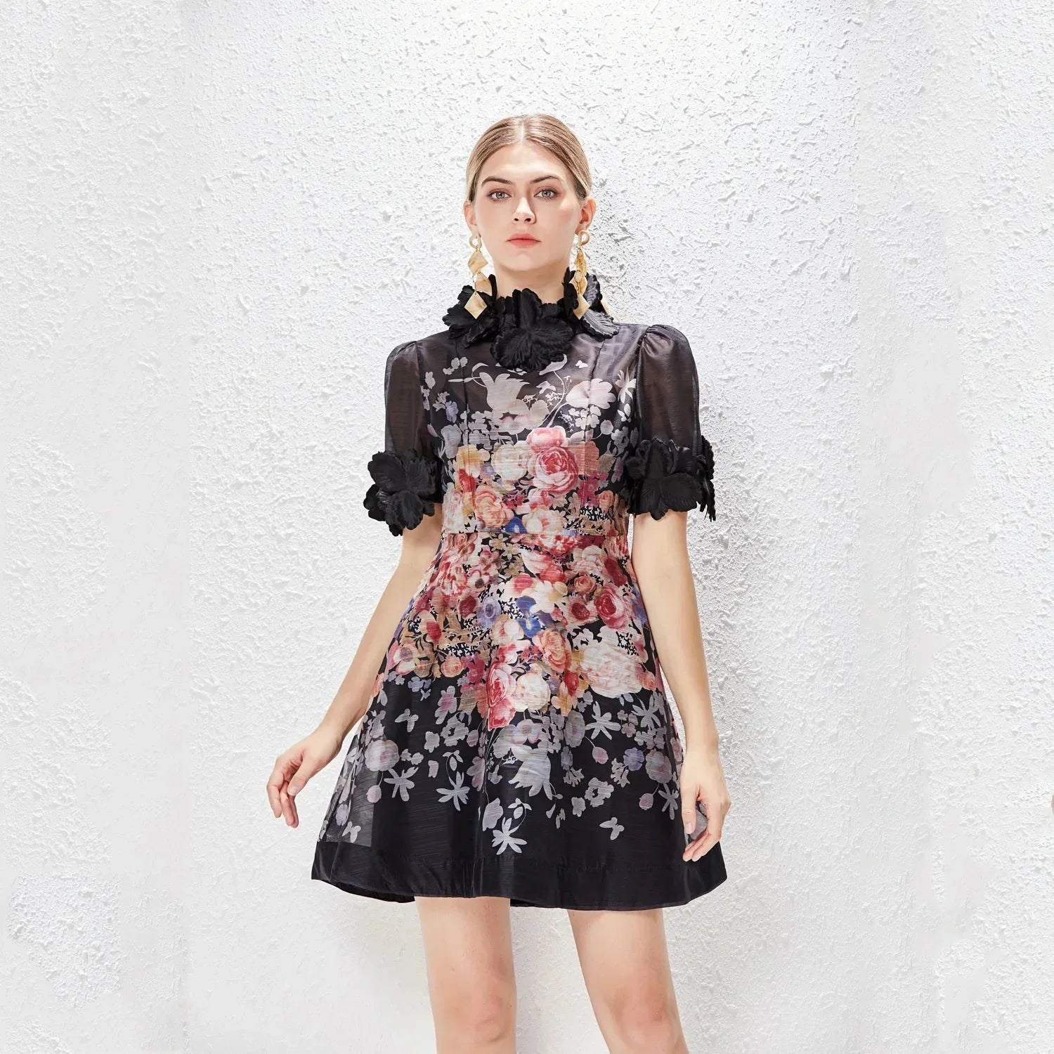 Product Image for WW | Urlaubskleid Frühling Sommer Gedrucktes Stehkragen Kleid Midi Vintage für Hochwertiges Urlaubskleid Spitze Frauen, Schwarz kurz / M