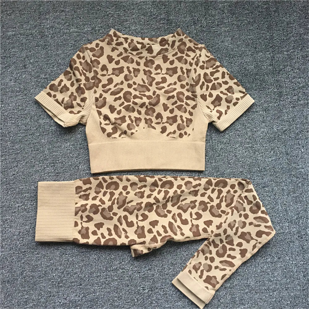 Product Image for WW | Frauen Mode Sexy Leopardenmuster 2 Teile Yoga Set Gym Stoßfest Sport Bh'S Sport Leggings Lauftraining Anzug, khaki svtop pt set / M