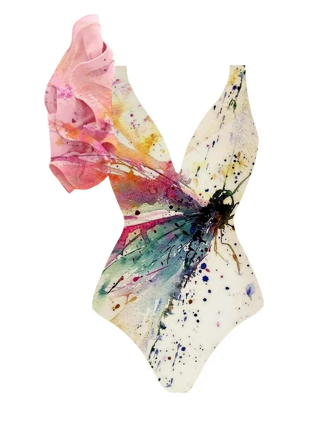 Product Image for WW | Splash Ink Art Ein Schulter Rüsche Badeanzug Luxus Bikini V-Ausschnitt Ausschnitt Surfen Badebekleidung Frauen Designer Badeanzug, Badeanzug / M