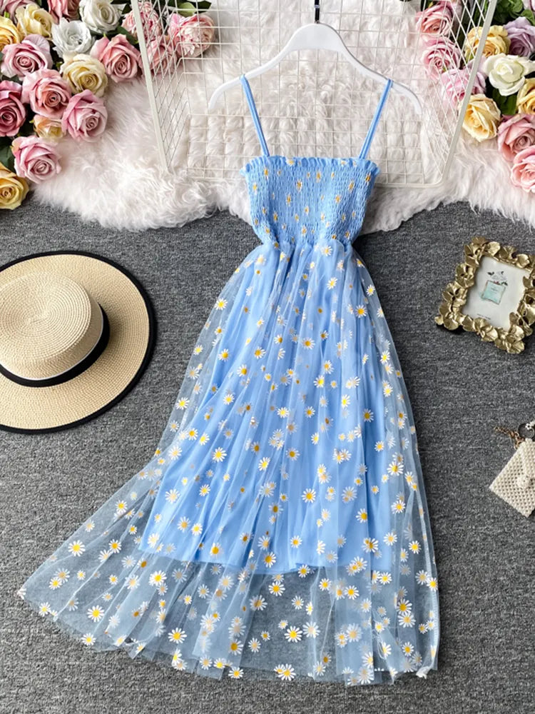 Product Image for WW | Sommer Strand Mesh Blumen Kleid Frauen Vintage Elegant Sexy Strand Sunkleid Frau Fest Nacht Koreanisch Kawaii Vestidos, Blau / Eine Größe