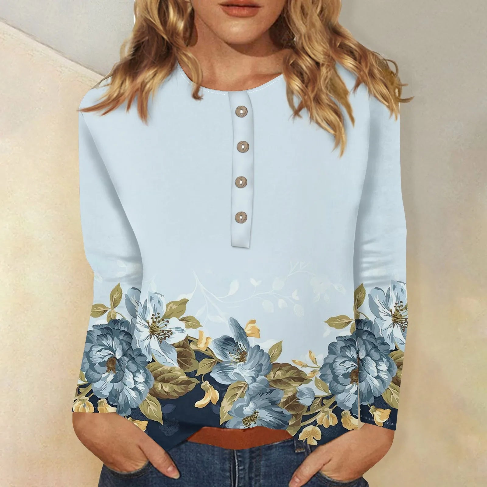 Product Image for WW | Bedruckte Langärmlige Bluse für Damen, Hellblau / XL