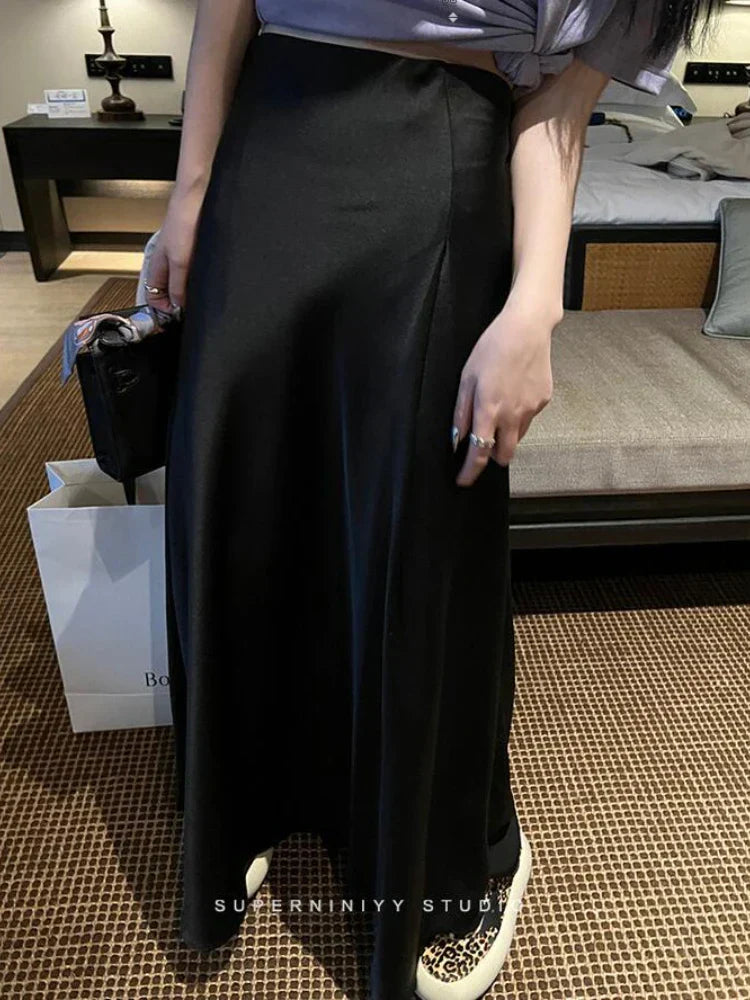 Product Image for WW | Elegante Satinrock Sommer Frauen Koreamode Unifarben Hohe Taille Lässige Lange Röcke Weiß Streetwear Büro Damen, Schwarz / L