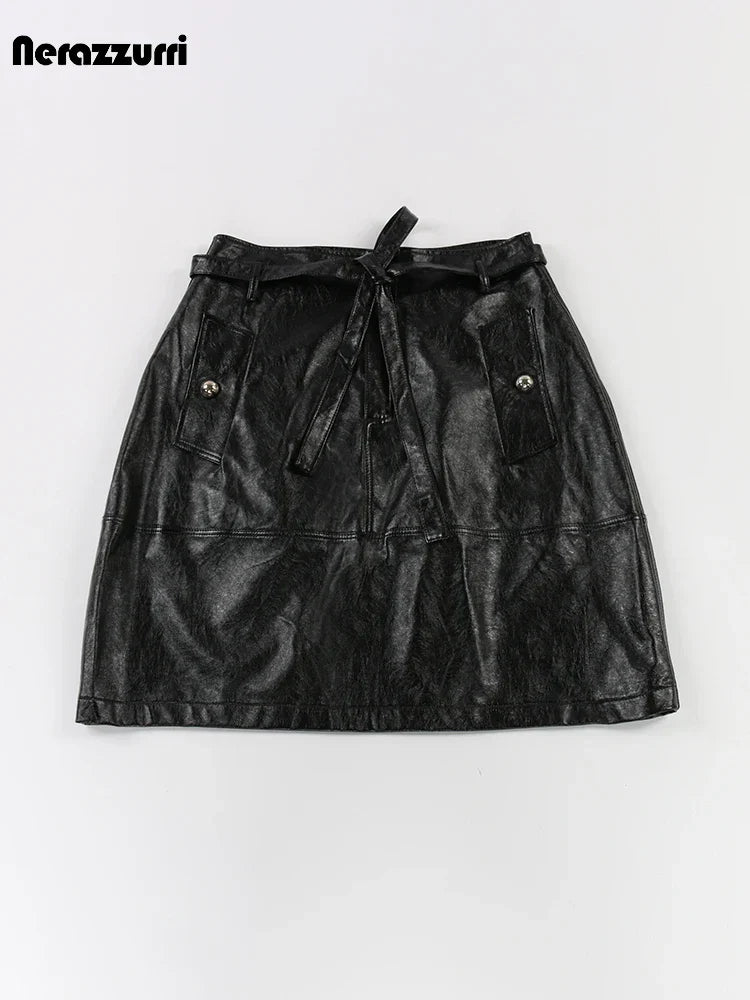 Product Image for WW | Lautaro Sommer Herbst Gold Glänzend Faux Leder Rock Frauen mit Band A-Linie Koreanischer Stil Kleidung Streetwear Catwalk Mode, schwarz / M