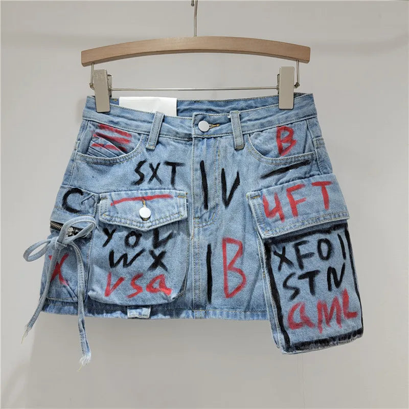 Product Image for WW | Trendy Vintage Damen Druck Buchstabe Tasche Mini Denim Röcke Frühjahrsmode Neuheiten Hohe Taille Rock Damen, Blau / XL