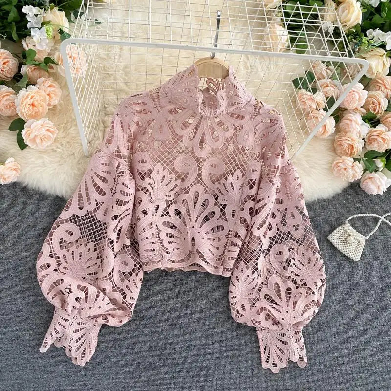 Product Image for WW | Sexy Spitzen Hohle Ohne Kurze Bluse Lässig Laterne Langärmlige Standkragen Hemden Frauen Elegant Rot/ Rosa/ Weiß Lose Tops, Rosa / Eine Größe