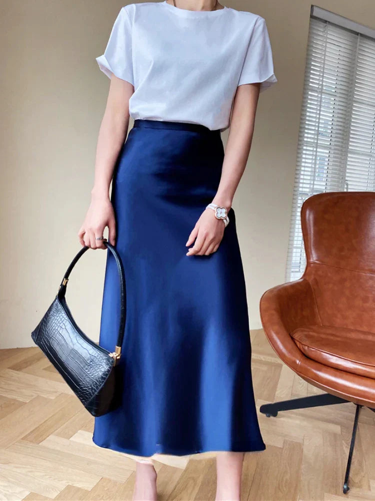 Product Image for WW | Hohe Taille Satin Lange Röcke für Frauen Frühling/Sommer Neu Damen Rock A-Linie Mode Elegant Schlanke Passform Grau Schwarz Rock, blau / S