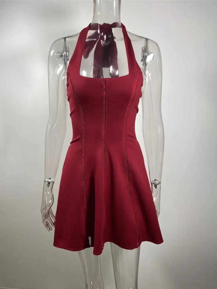Product Image for WW | Träger Freies Rücken A-Linie Sexy Mini Kleid für Frauen Robe Mode Rechteckiger Kragen Ohne Ärmel Hohe Taille Plissiert Kleid Elegant, Rot / XS
