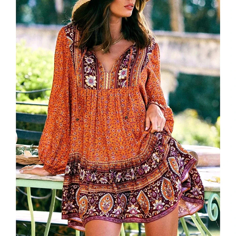 Product Image for WW | Blaues Hippie Kleid Mit Langen Ärmeln, Orange / S
