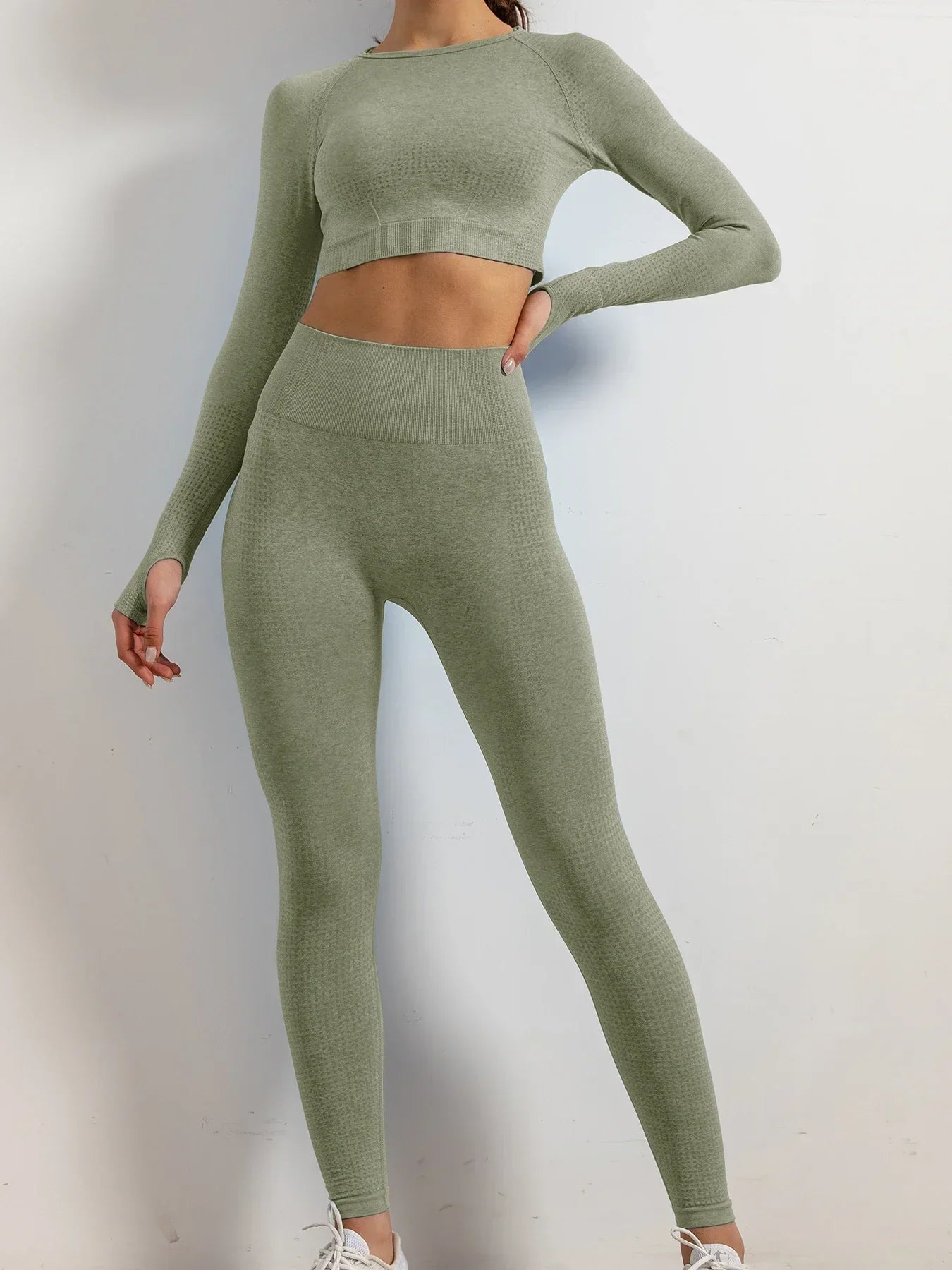 Product Image for WW | Set aus 2 Frauen Nahtlose Yoga Anzug mit Daumenlöchern Langärmelige Tops Trainingsbekleidung Fitness Training Yoga Kleidung Leggings Lange Hosen,