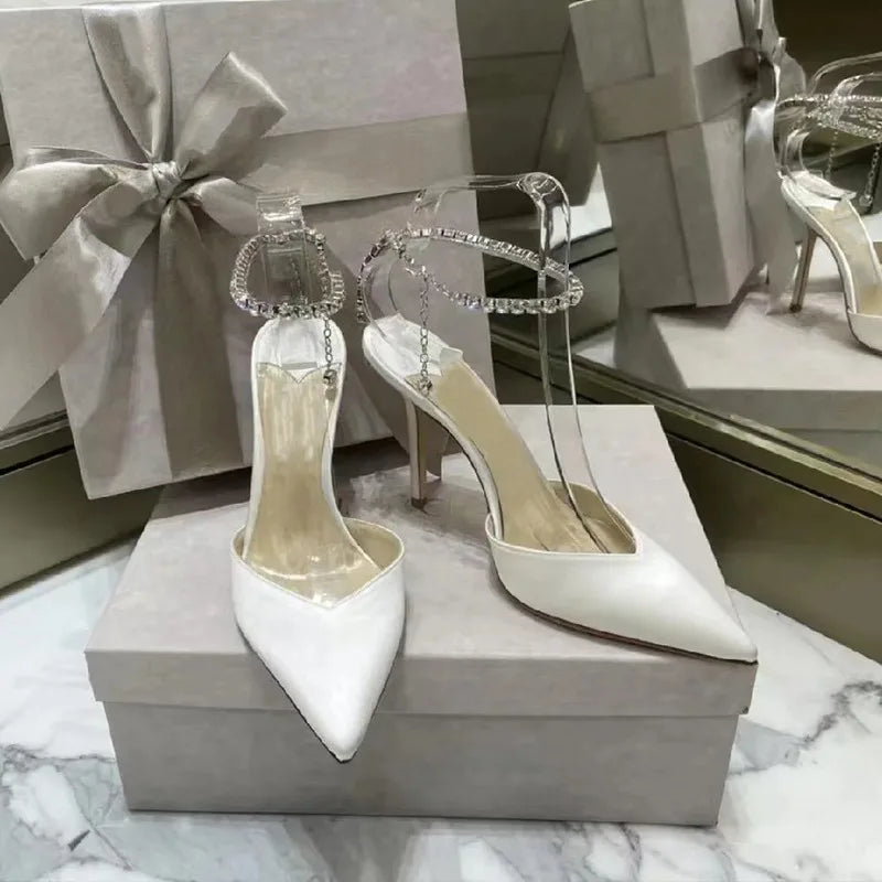 Product Image for WW | Satin Strass Kette High Heels Schuhe Pumps, Weißer 8CM Absatz / 5