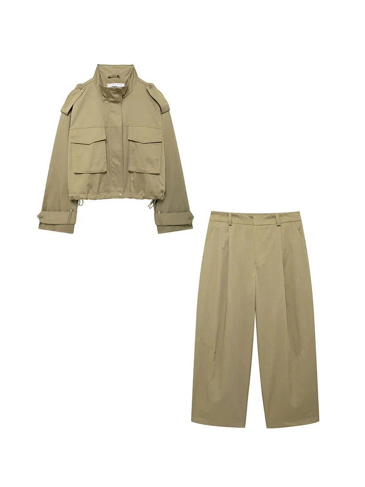Product Image for WW | Retro Army Green Zwei-teile Trenchcoat Und Hose Sat, Armeegrün / S