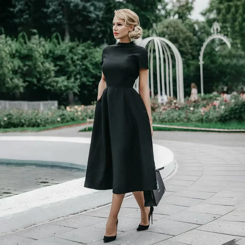 Product Image for WW | Frauen Elegantes Schwarzes Kleid Halbhoher Kragen Hohe Taille A-Linie Kleider Schlankes Fit Kleid Büro Damen Female Solid Vestidos, schwarz / XL