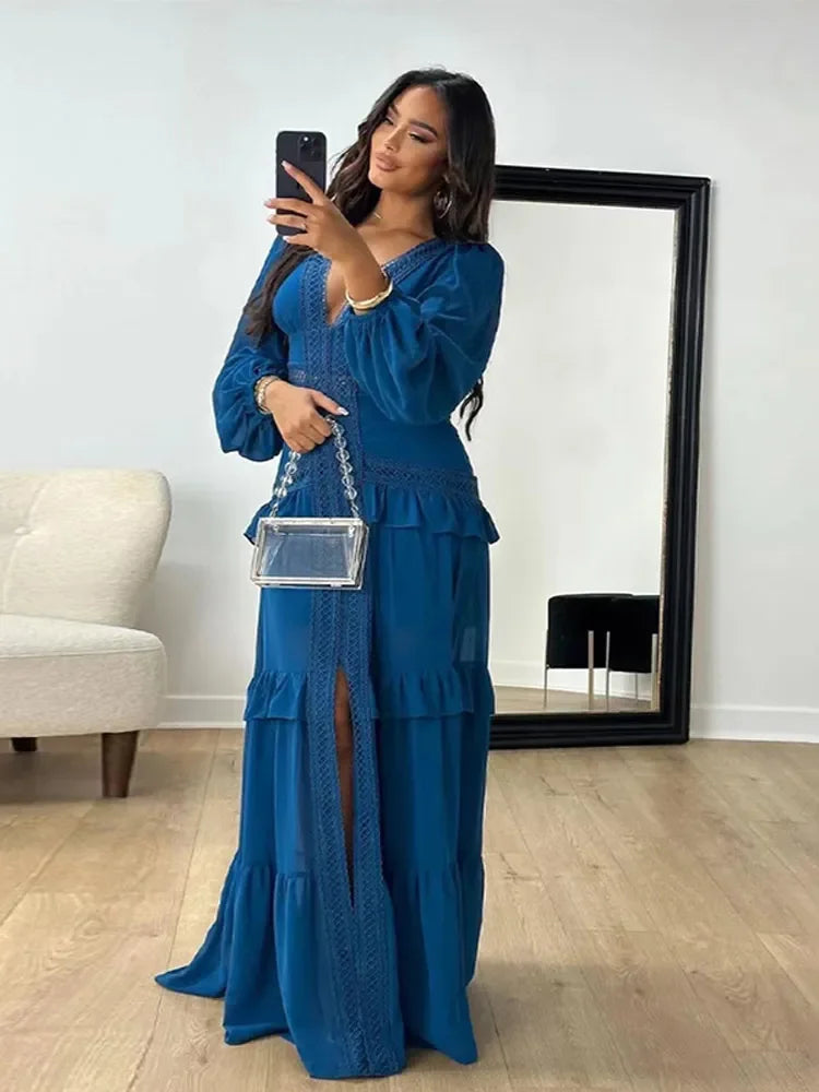 Product Image for WW | Damen Elegant Lagen Falten Patchwork Lange Kleid Chic V-Ausschnitt Puff Vollärmel Spalte Maxi Kleider Mode Damen Fest Roben, Dunkelblau / L