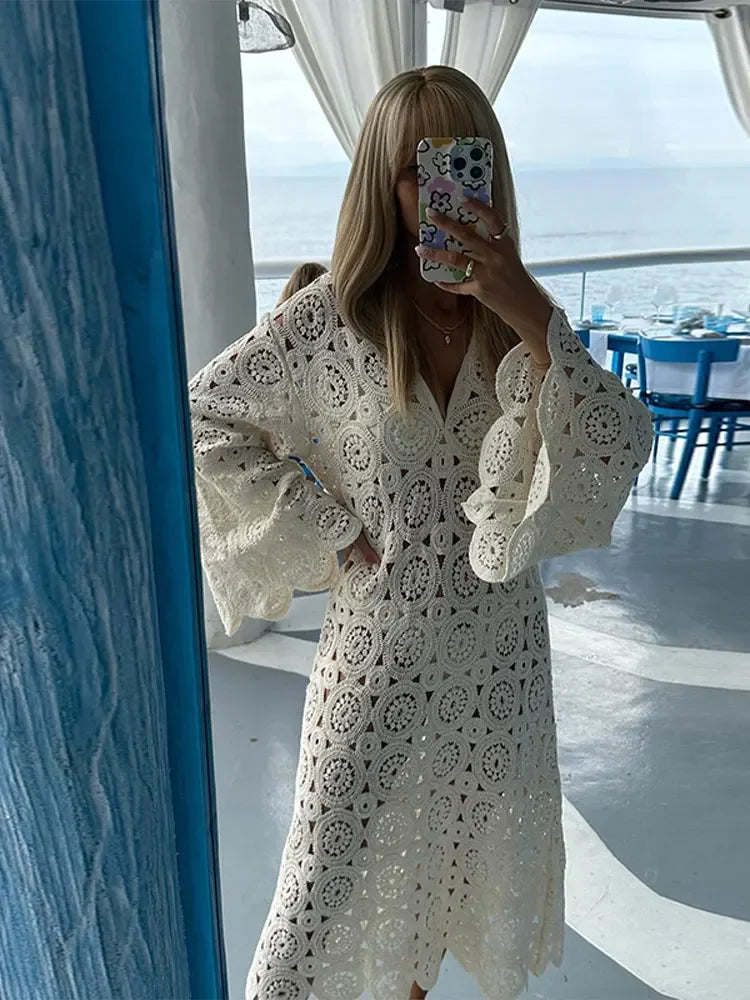 Product Image for WW | Lässiges Strick Loch aus Patchwork Maxi Kleid für Frauen O-Ausschnitt Hocher Taillenschnürung Laternenärmel Kleider Sommer Strand Damen Robe, 