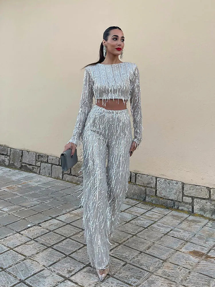 Product Image for WW | Frauenmode Pailletten 2 Teile Set Hose Sexy Ohne Ärmel Strapless Tank Lang Locker Hose Damen Luxus Party Club Schicke Outfits, silber / L