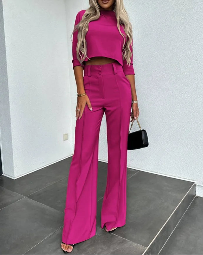 Product Image for WW | Neue Mode Frauen Elegant Kleine Hohe Hals Lässig Shorts Top Tasche Mikro Horn Elegant Hose Set, Rosenrot / XXL