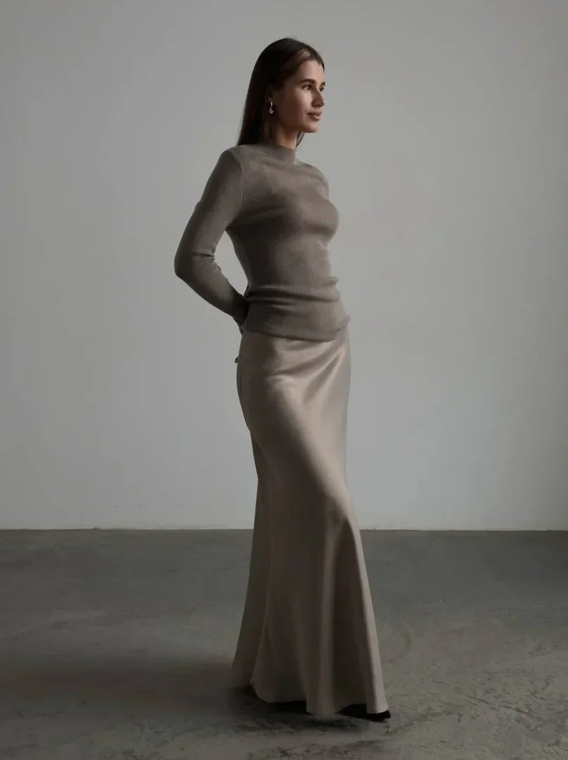Product Image for WW | Bornladies Lässiger Satin Damenrock Frühling Sommer Mode Locker Hohe Taille Maxi Röcke Elegant Einfach Süß Fischschwanzrock, Khaki / L