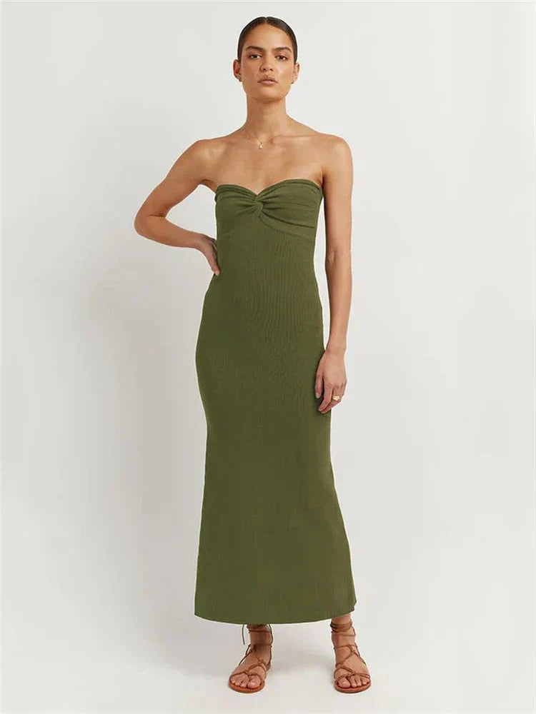 Product Image for WW | Tossy Strapless Strick Maxi Kleider für Frauen Sommer Strandparty Bodycon Kleid Off Shoulder Twist Strick Abend Rückenfreies Kleid, olivgrün / M
