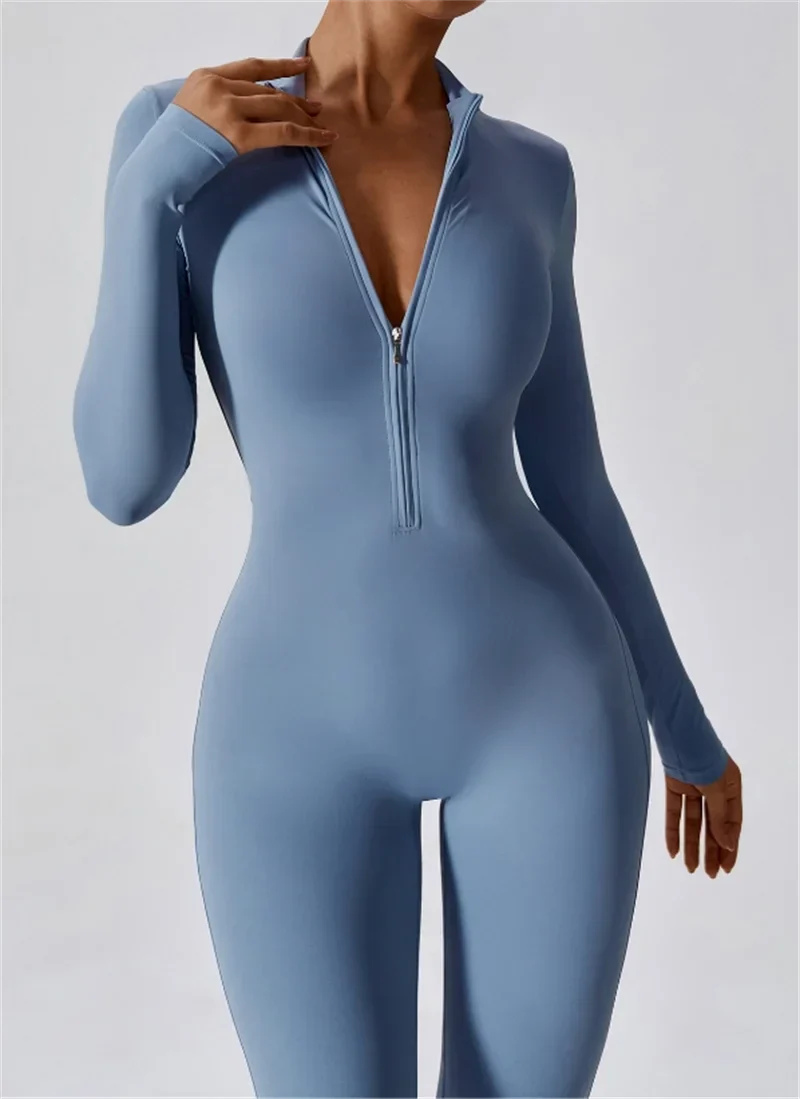 Product Image for WW | Langer Damen Yoga Jumpsuit Mit Halb Reißverschluss, Haze Blau / L