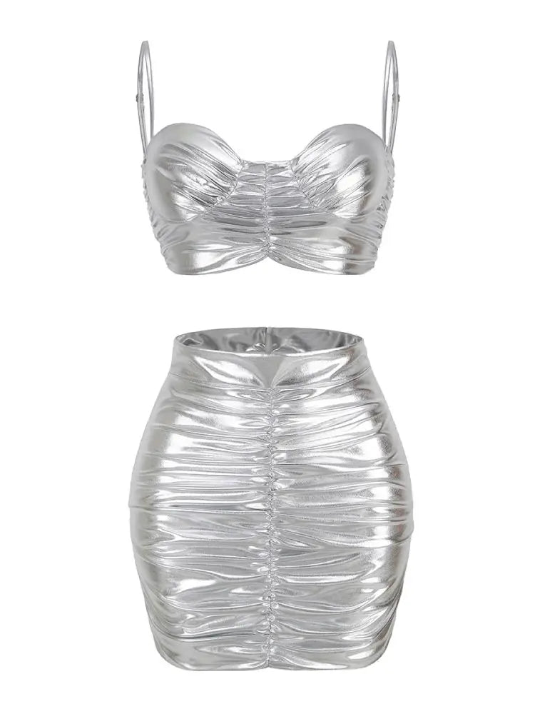 Product Image for WW | Fashion'S Sexy Expose Taille Sliver Frau Set Kurz Tank und Mini Rock 2 Teile Junge Dame High Street Wear Nachtklub Outfit, Silber / S