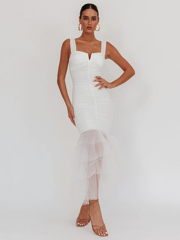 Product Image for WW | Mesh Rückenfreies Sexy Maxikleid für Frauen Gown mit Lagen Spaghetti-Trägern Ärmellos Gerafftes Bodycon Club Party Kleid, WEISS / M